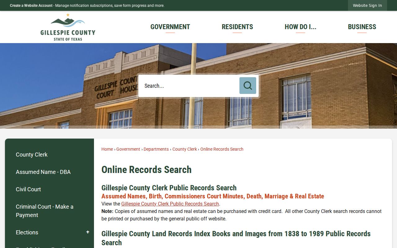 Gillespie County criminal history Online Records Search gateway