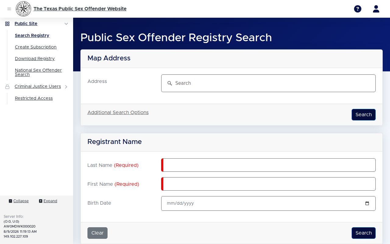 Gillespie County sex offender registry public profile field layout